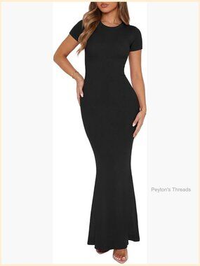 Ribbed Mermaid Maxi Dress Crew Neck Short Sleeve Bodycon Formal